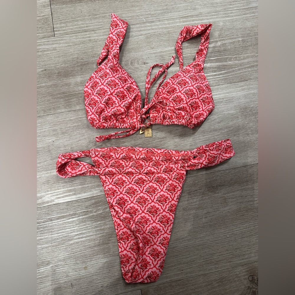 Pink Floral Print Tie Bikini Set